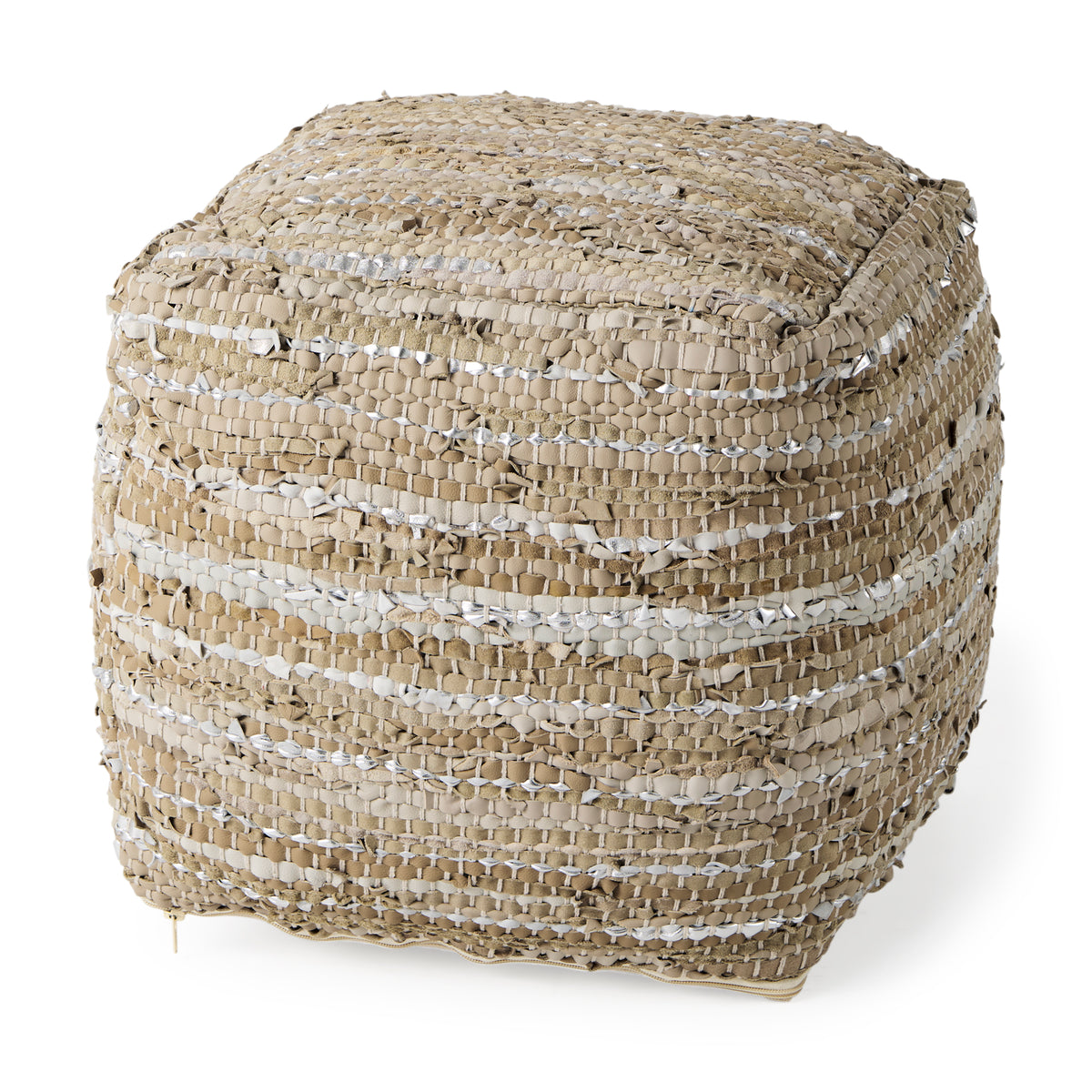 Aadhya 16.0L x 16.0W x 16.0H Taupe/Silver Leather and Cotton Pouf-Poufs-DECOROLALA