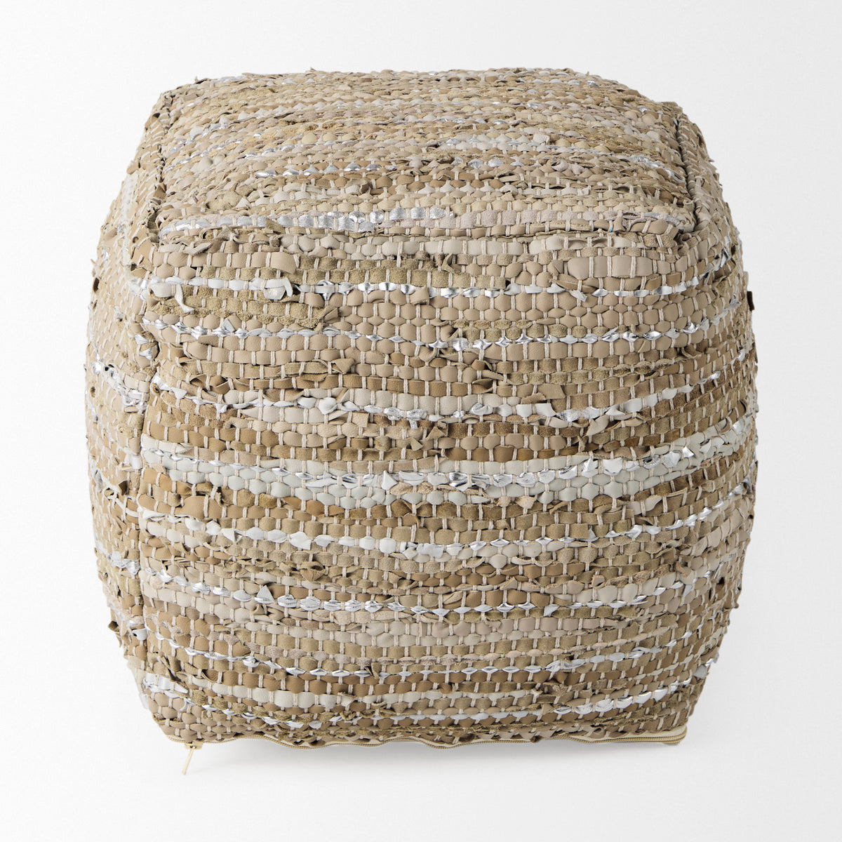 Aadhya 16.0L x 16.0W x 16.0H Taupe/Silver Leather and Cotton Pouf-Poufs-DECOROLALA