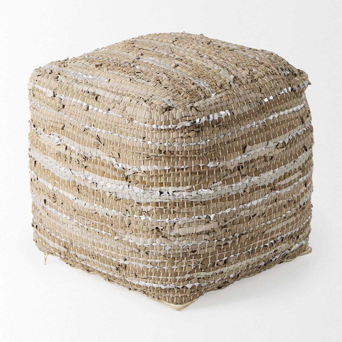 Aadhya 16.0L x 16.0W x 16.0H Taupe/Silver Leather and Cotton Pouf-Poufs-DECOROLALA