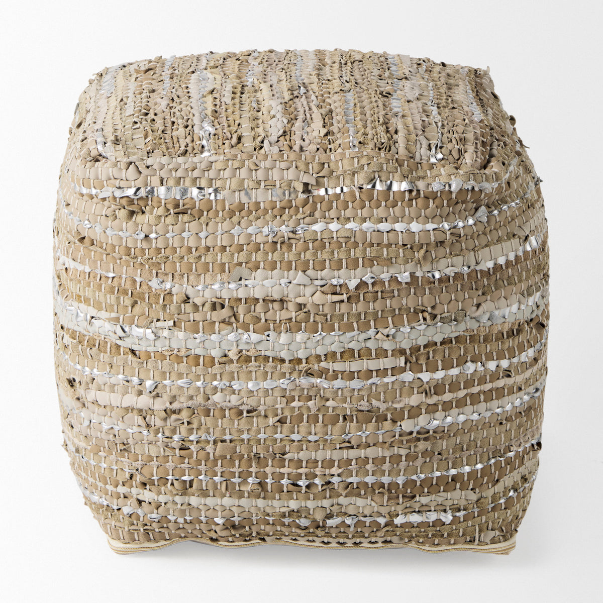Aadhya 16.0L x 16.0W x 16.0H Taupe/Silver Leather and Cotton Pouf-Poufs-DECOROLALA
