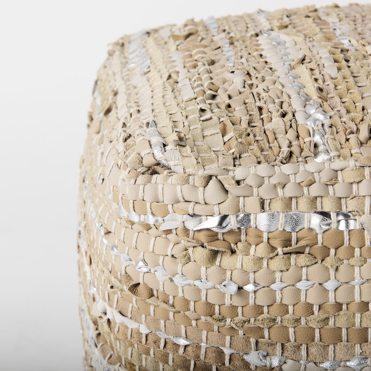 Aadhya 16.0L x 16.0W x 16.0H Taupe/Silver Leather and Cotton Pouf-Poufs-DECOROLALA