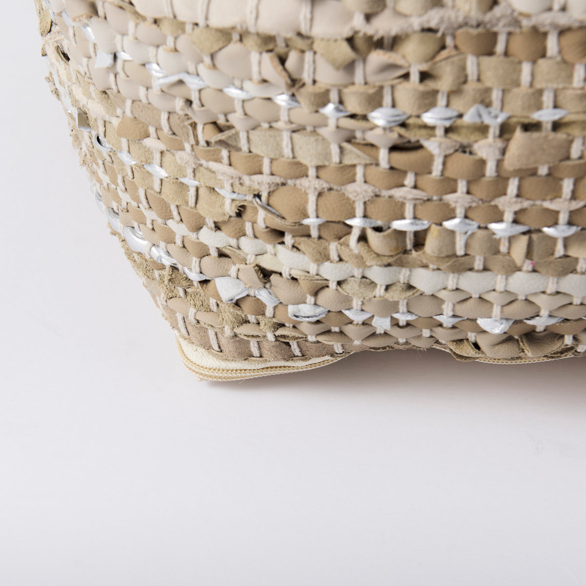 Aadhya 16.0L x 16.0W x 16.0H Taupe/Silver Leather and Cotton Pouf-Poufs-DECOROLALA