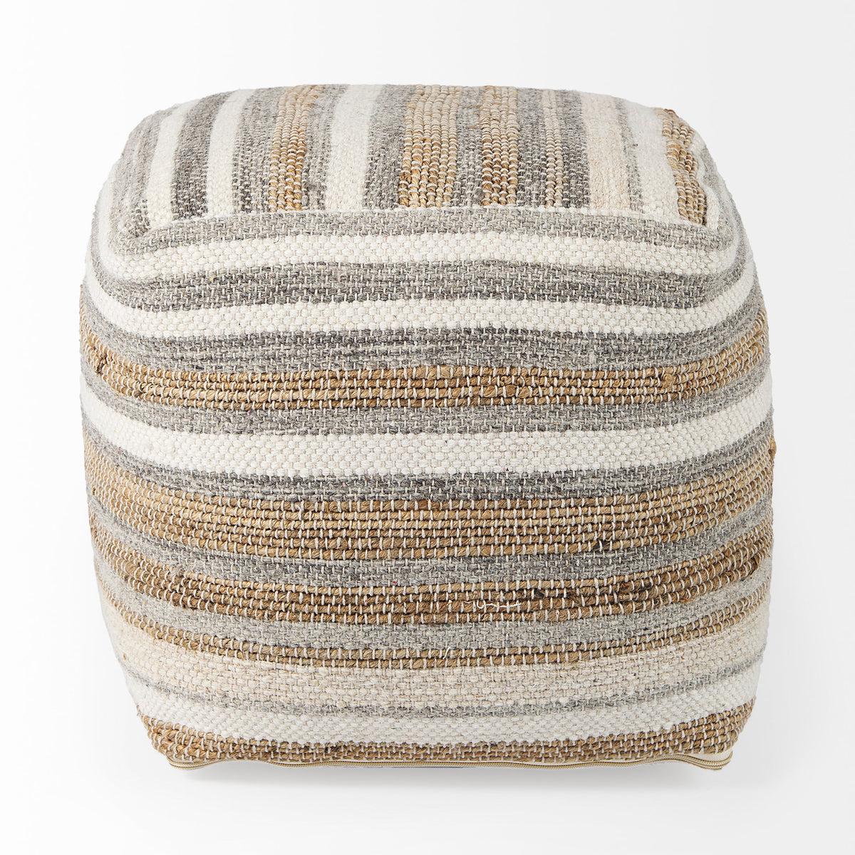 Aahana 16.0L x 16.0W x 16.0H White/Taupe/Gray Striped Hemp and Cotton Pouf-Poufs-DECOROLALA