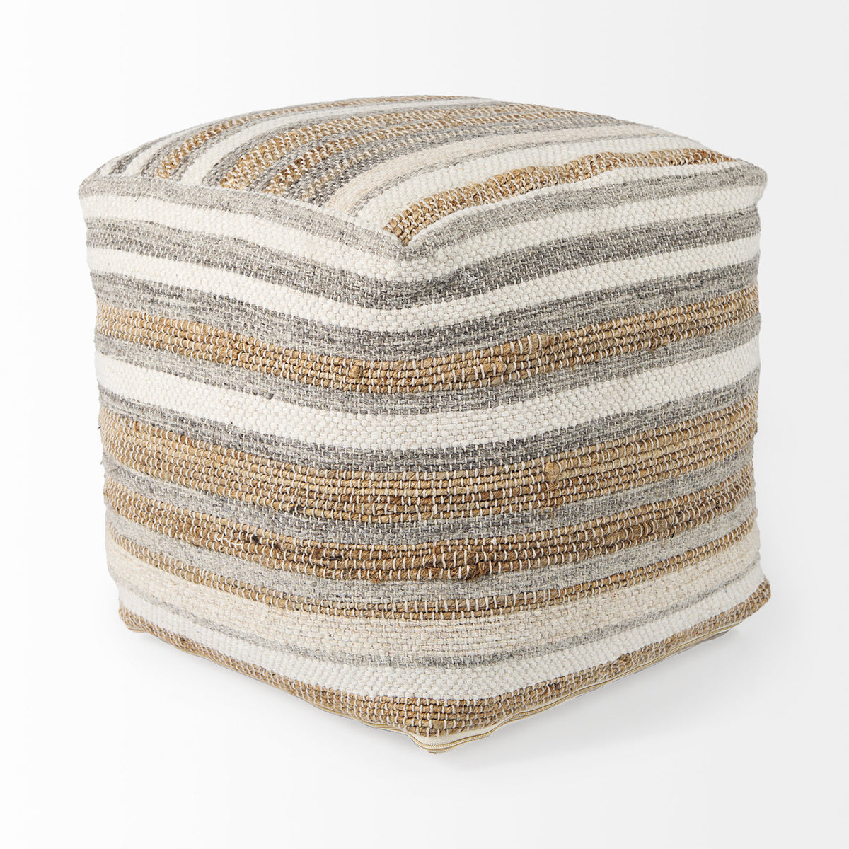 Aahana 16.0L x 16.0W x 16.0H White/Taupe/Gray Striped Hemp and Cotton Pouf-Poufs-DECOROLALA