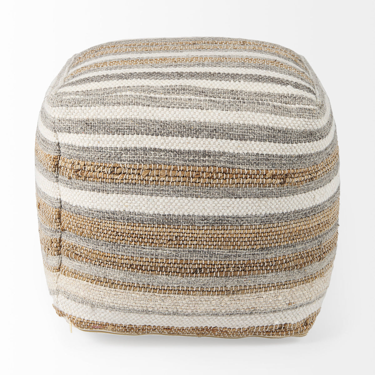 Aahana 16.0L x 16.0W x 16.0H White/Taupe/Gray Striped Hemp and Cotton Pouf-Poufs-DECOROLALA