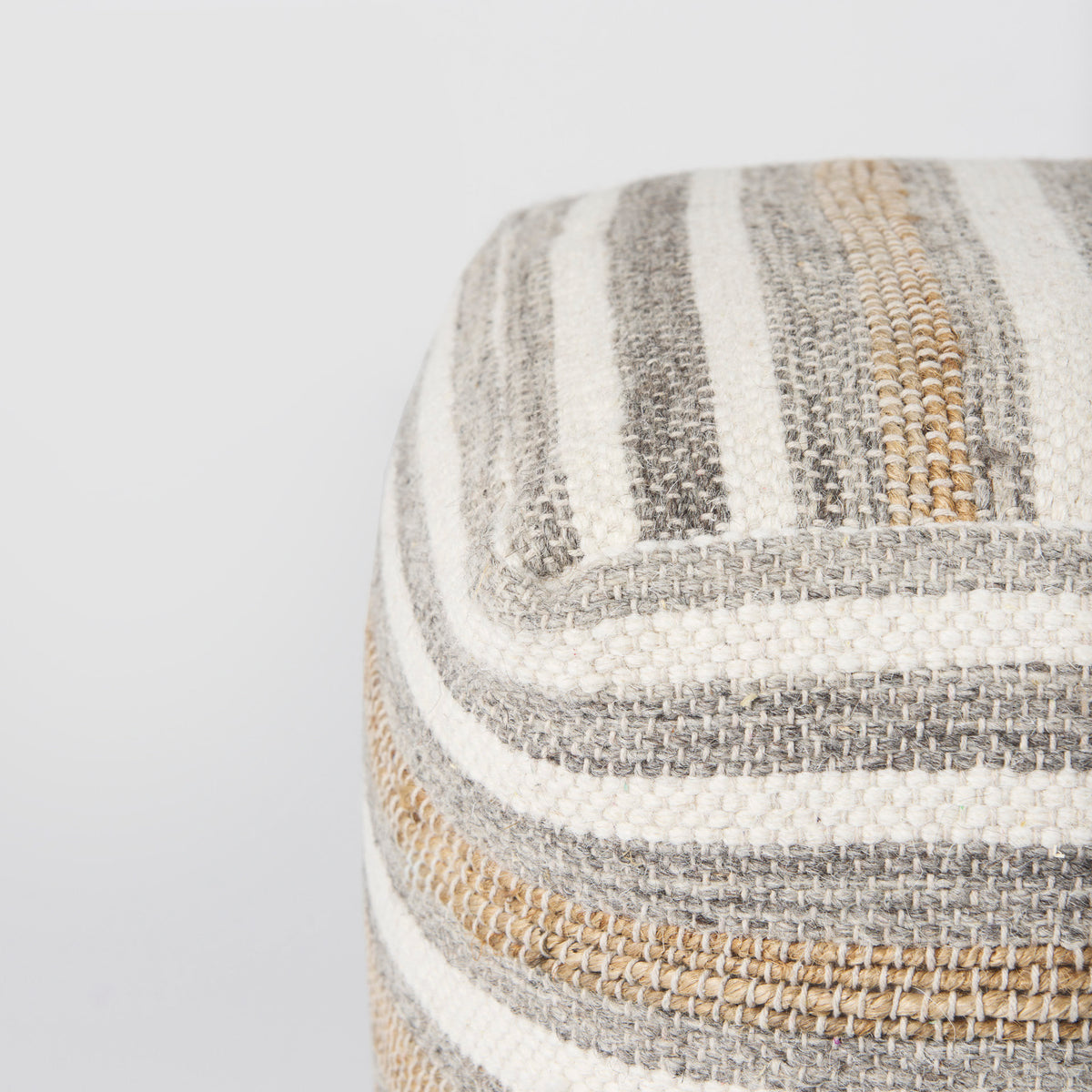 Aahana 16.0L x 16.0W x 16.0H White/Taupe/Gray Striped Hemp and Cotton Pouf-Poufs-DECOROLALA