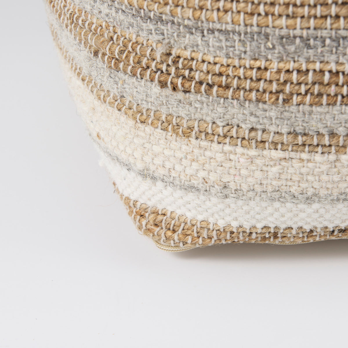 Aahana 16.0L x 16.0W x 16.0H White/Taupe/Gray Striped Hemp and Cotton Pouf-Poufs-DECOROLALA