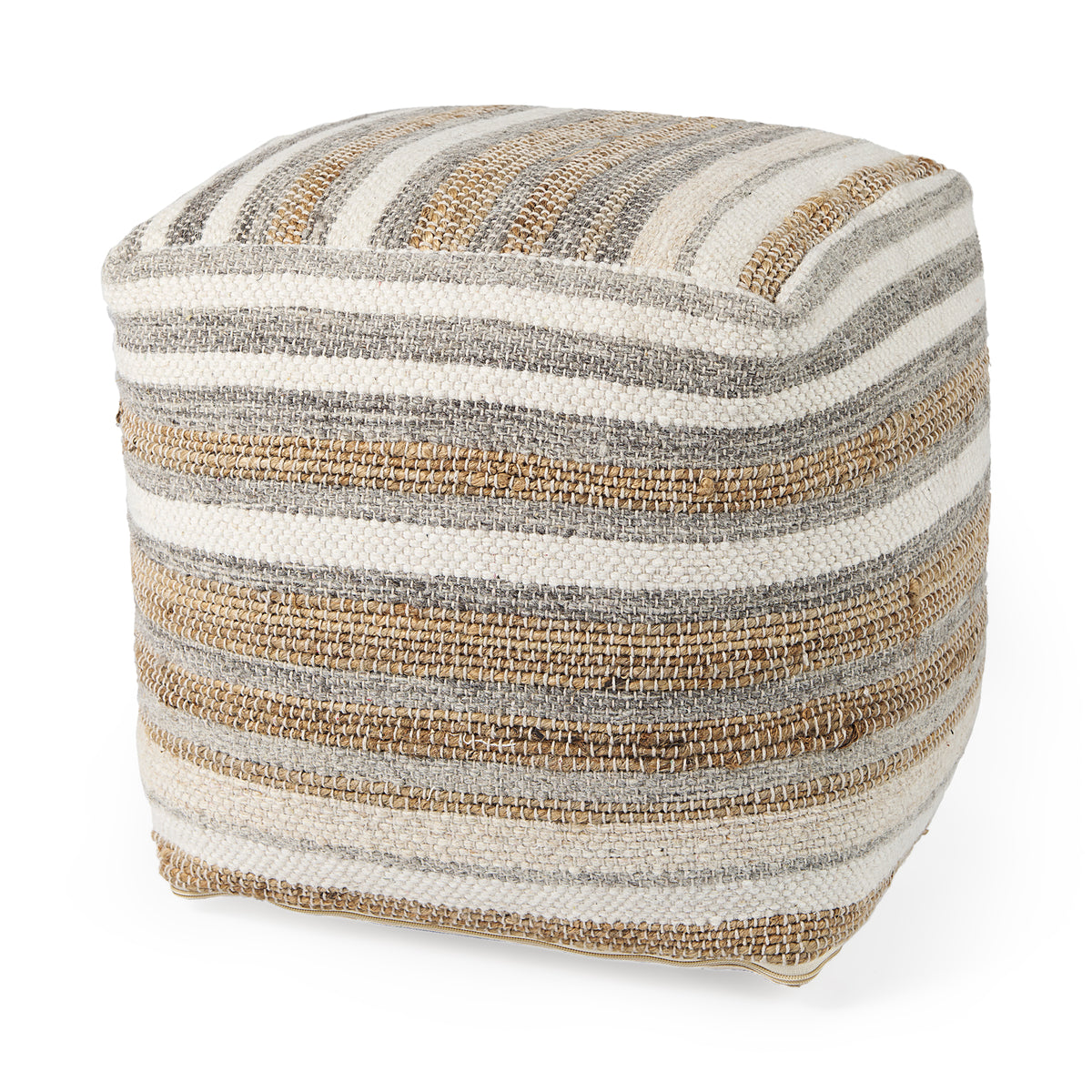 Aahana Striped Hemp and Cotton Pouf - White/Taupe/Gray-Poufs-DECOROLALA