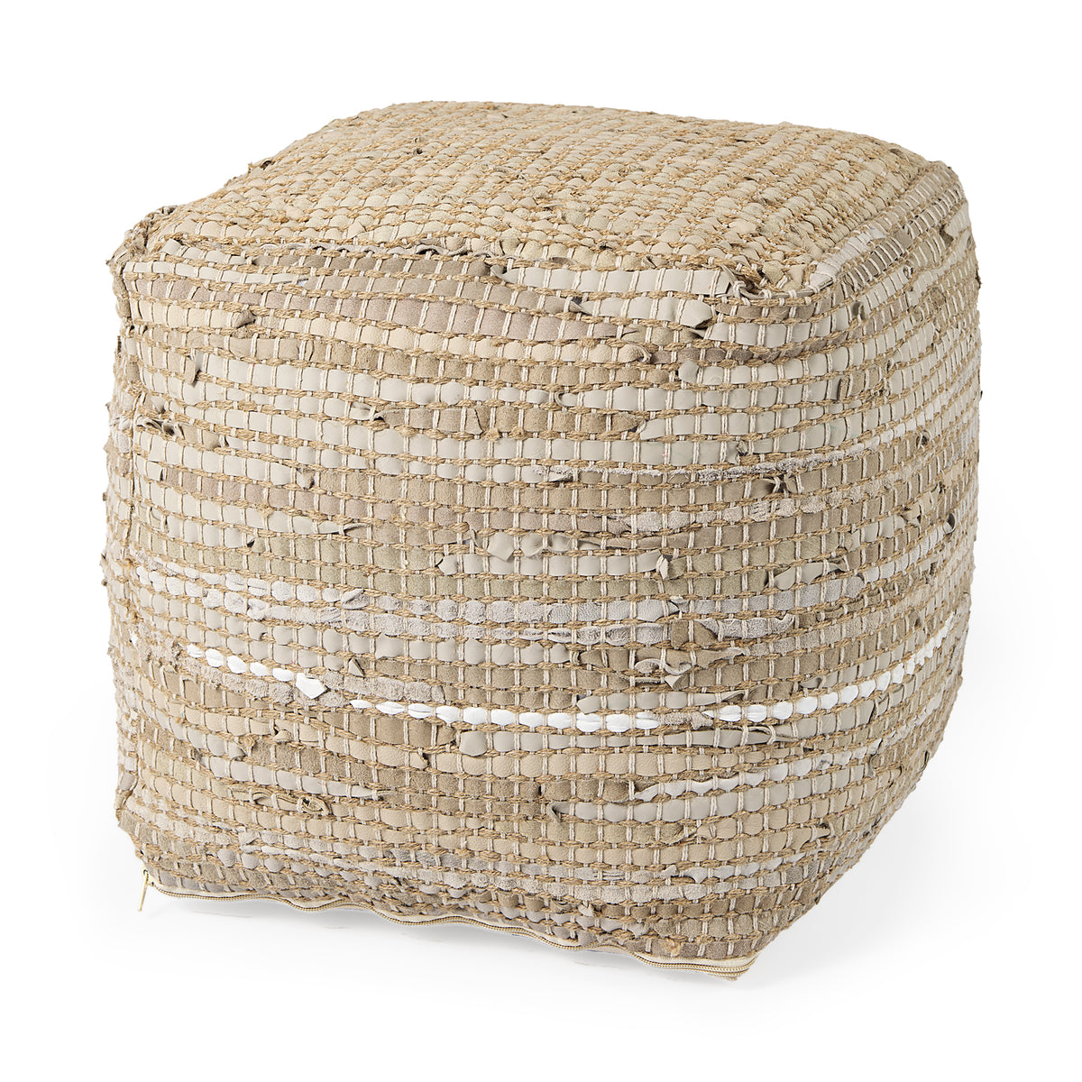 Aalia 16.0L x 16.0W x 16.0H Beige Leather and Jute Pouf-Poufs-DECOROLALA