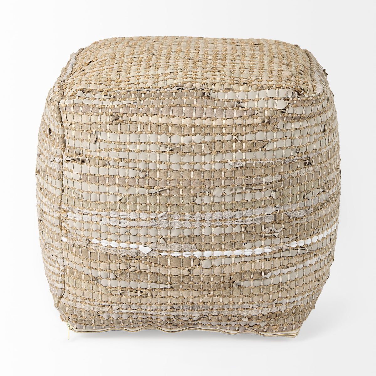 Aalia 16.0L x 16.0W x 16.0H Beige Leather and Jute Pouf-Poufs-DECOROLALA