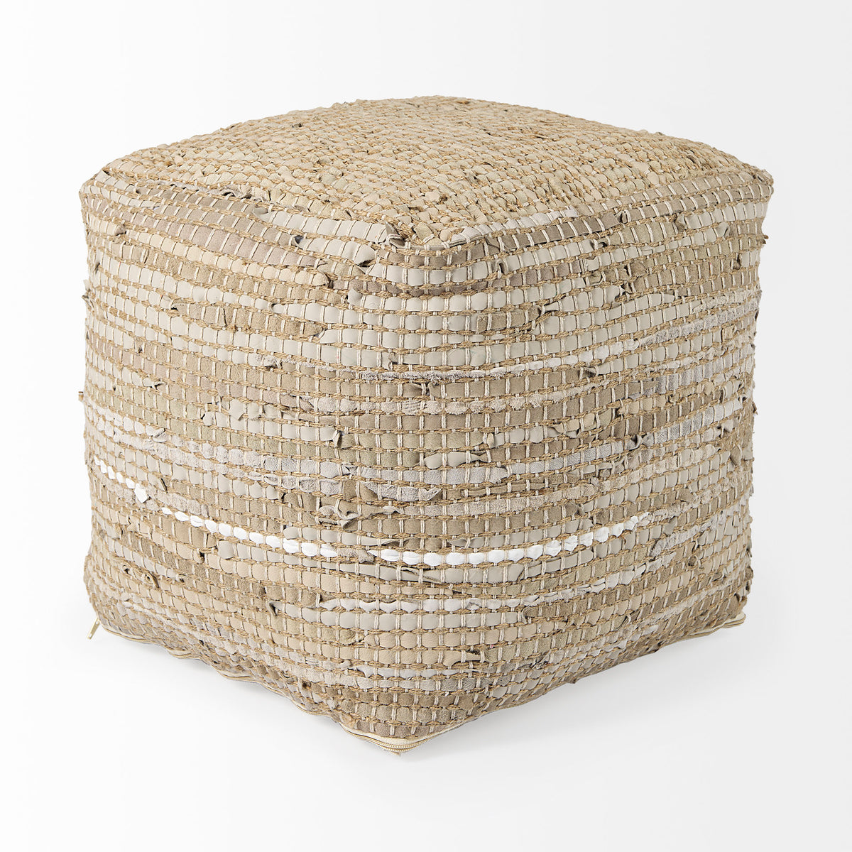 Aalia 16.0L x 16.0W x 16.0H Beige Leather and Jute Pouf-Poufs-DECOROLALA