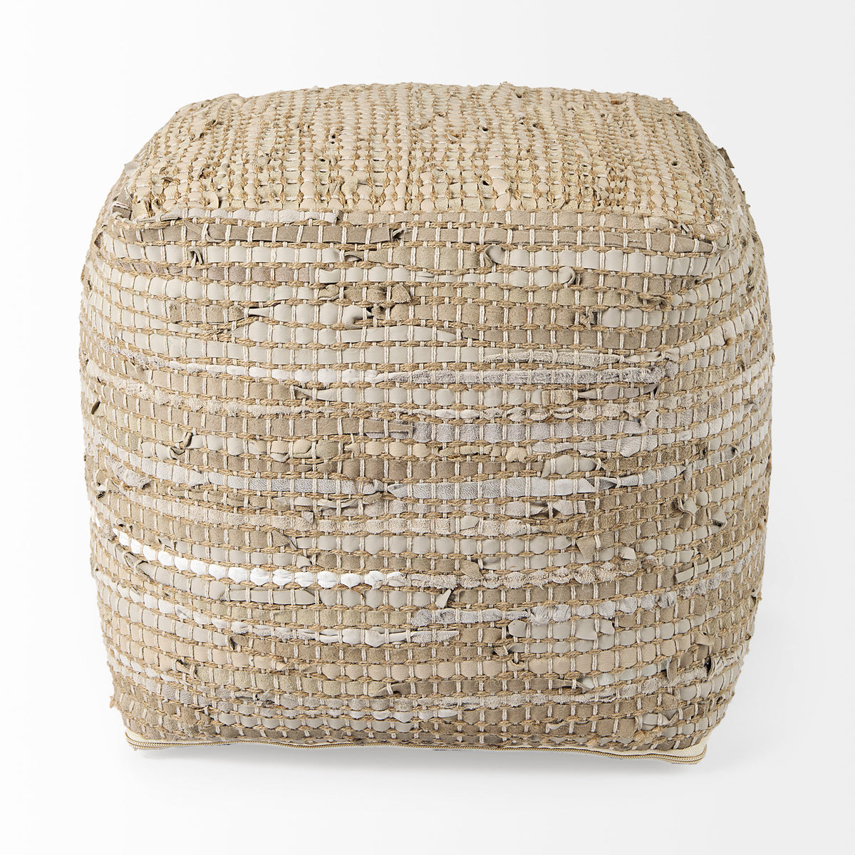 Aalia 16.0L x 16.0W x 16.0H Beige Leather and Jute Pouf-Poufs-DECOROLALA