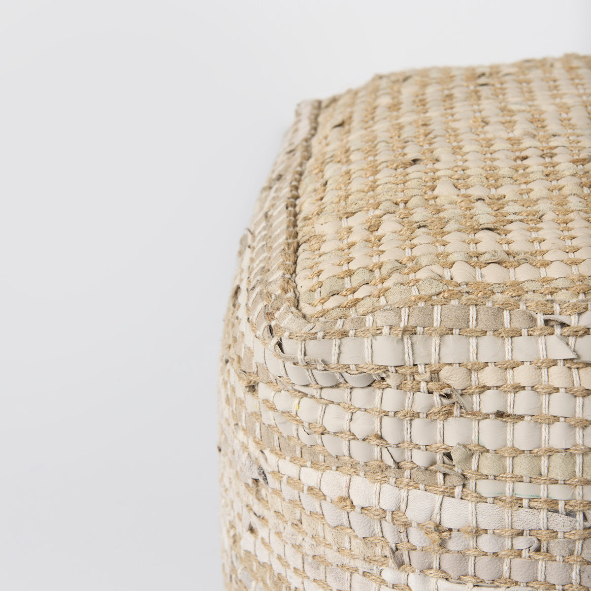 Aalia 16.0L x 16.0W x 16.0H Beige Leather and Jute Pouf-Poufs-DECOROLALA