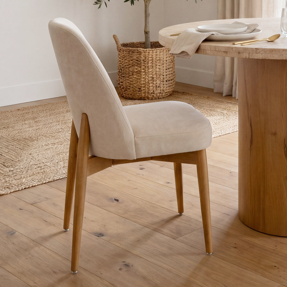 Abbie Curved Back Dining Side Chair | Oatmeal w/ Dark Brown Wood-Dining Chairs-DECOROLALA