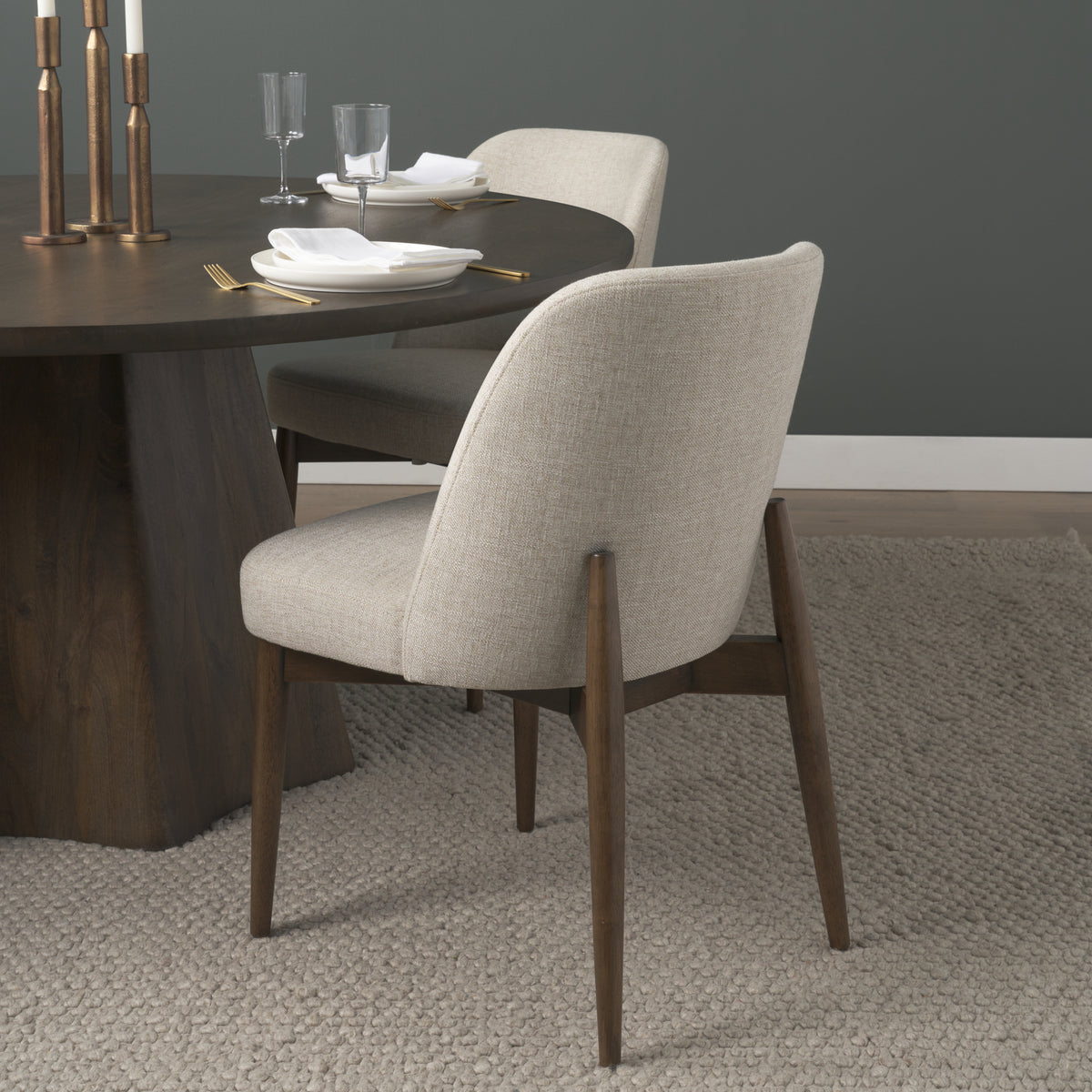 Abbie Curved Back Dining Side Chair | Oatmeal w/ Dark Brown Wood-Dining Chairs-DECOROLALA