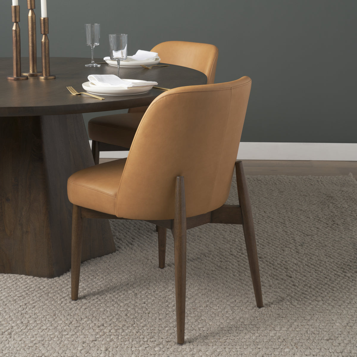 Abbie Curved Back Dining Side Chair | Tan Leather w/ Brown Wood-Dining Chairs-DECOROLALA