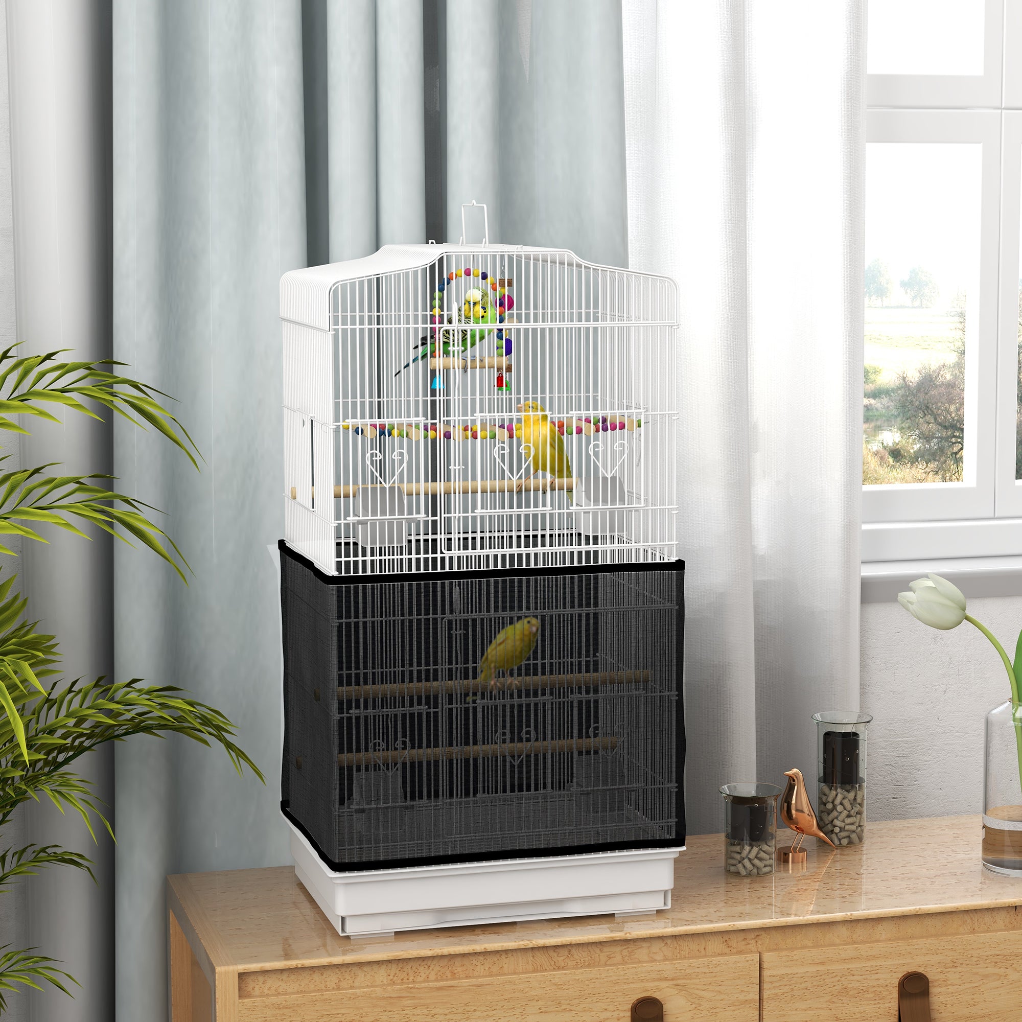 Cage à oiseaux de 36" avec accessoires, poignée, housse en filet, plateau, blanc