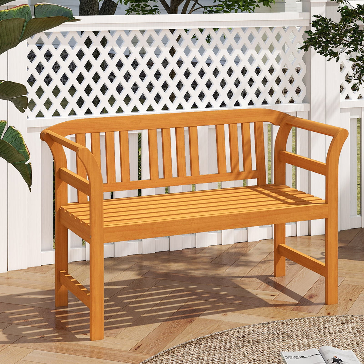 Acacia Wood 2-Person Patio Loveseat with Backrest and Armrests-Outdoor Benches-DECOROLALA