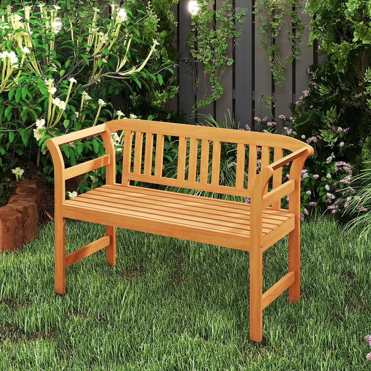 Acacia Wood 2-Person Patio Loveseat with Backrest and Armrests-Outdoor Benches-DECOROLALA