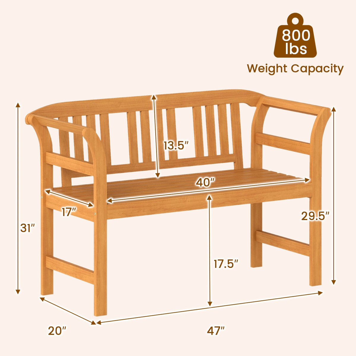 Acacia Wood 2-Person Patio Loveseat with Backrest and Armrests-Outdoor Benches-DECOROLALA