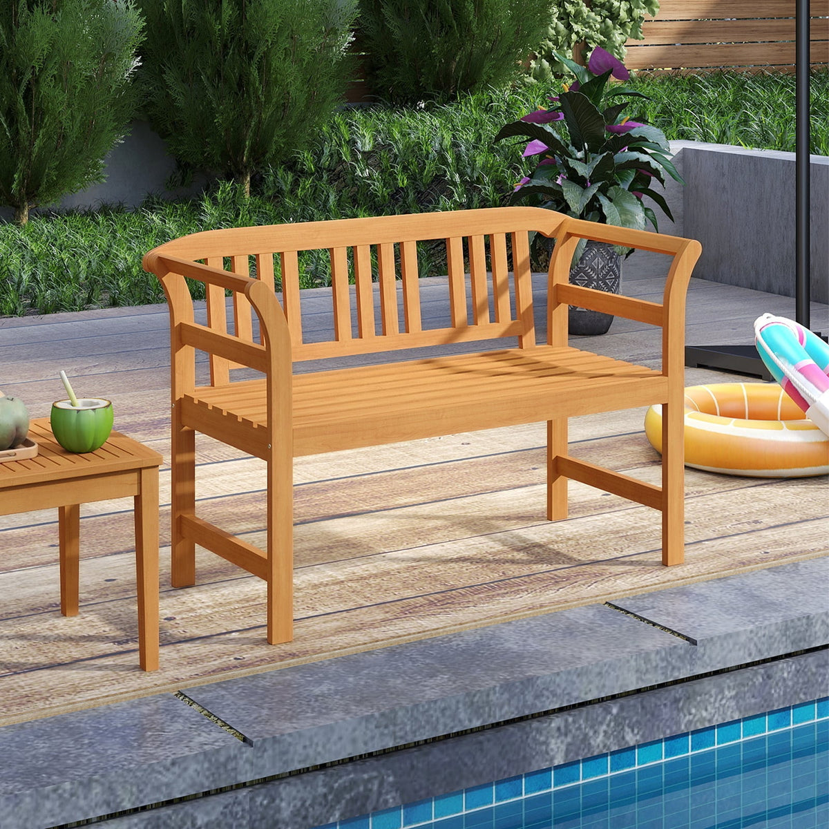 Acacia Wood 2-Person Patio Loveseat with Backrest and Armrests-Outdoor Benches-DECOROLALA