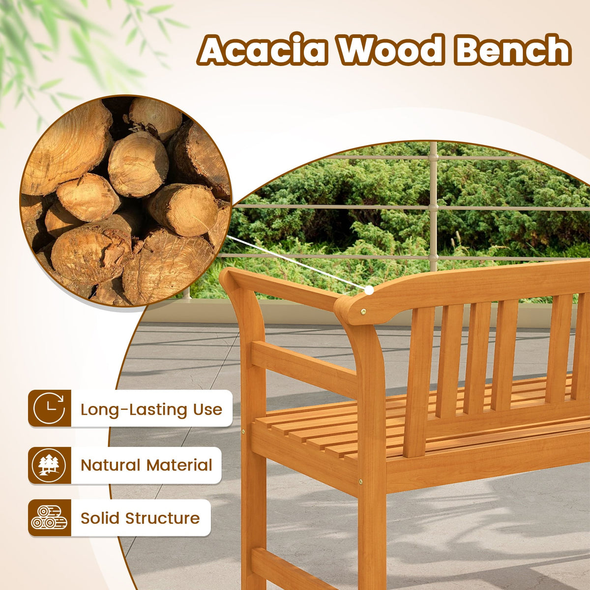 Acacia Wood 2-Person Patio Loveseat with Backrest and Armrests-Outdoor Benches-DECOROLALA