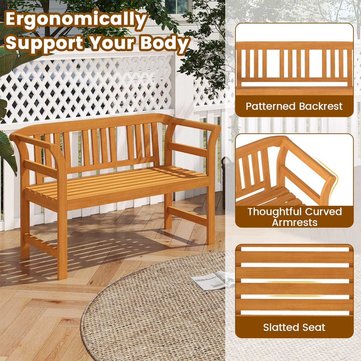 Acacia Wood 2-Person Patio Loveseat with Backrest and Armrests-Outdoor Benches-DECOROLALA