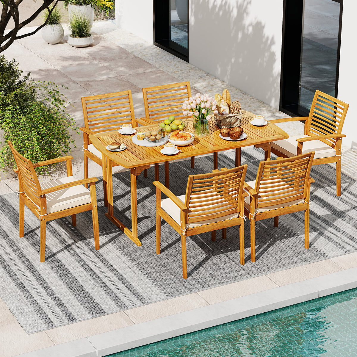 Acacia Wood 7-Piece Patio Dining Set with Umbrella Hole-Patio Dining Sets-DECOROLALA