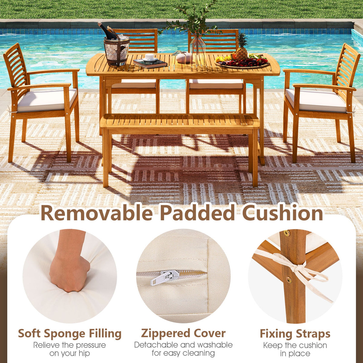 Acacia Wood 7-Piece Patio Dining Set with Umbrella Hole-Patio Dining Sets-DECOROLALA