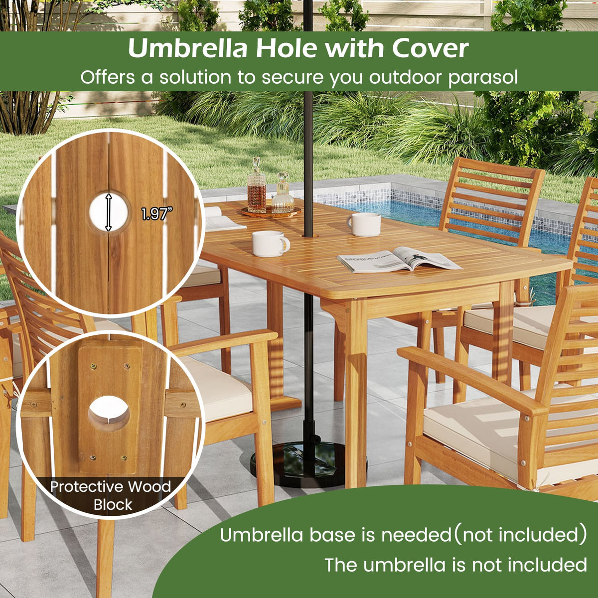 Acacia Wood 7-Piece Patio Dining Set with Umbrella Hole-Patio Dining Sets-DECOROLALA