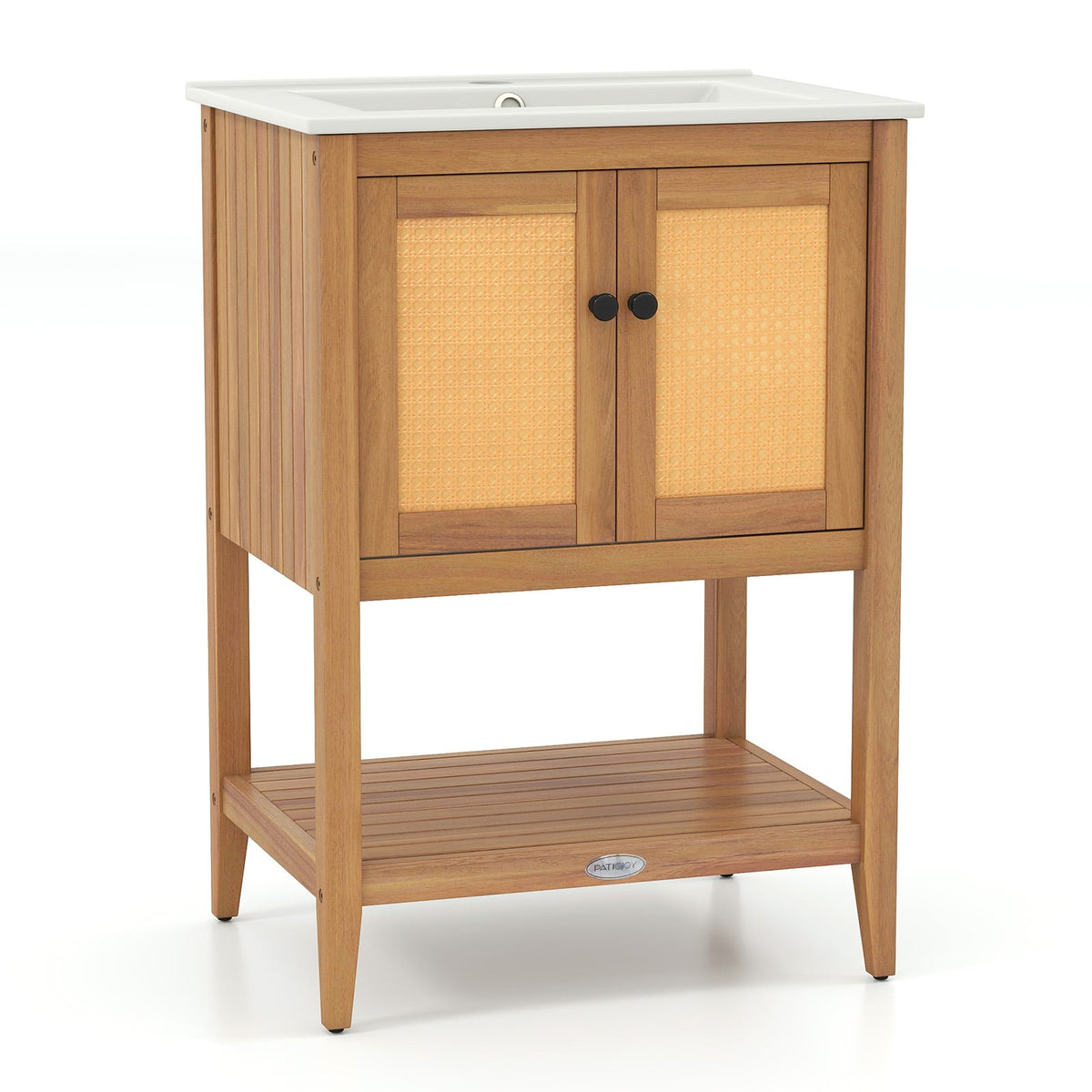 Acacia Wood Bathroom Vanity with Ceramic Sink & Rattan Doors-Floor Cabinets-DECOROLALA