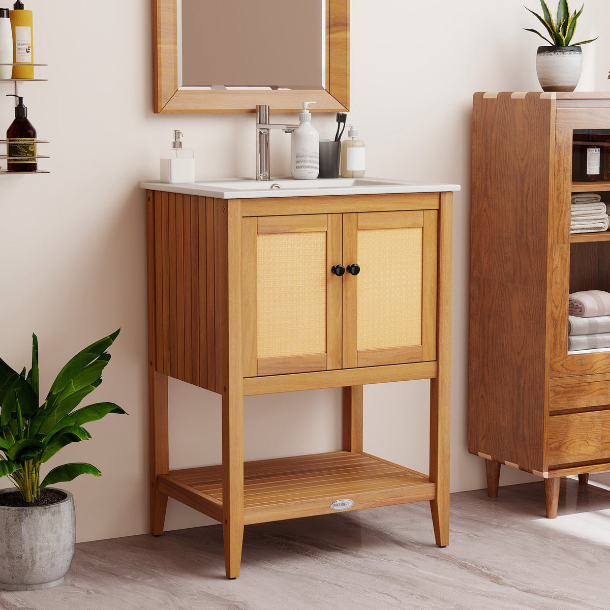 Acacia Wood Bathroom Vanity with Ceramic Sink & Rattan Doors-Floor Cabinets-DECOROLALA