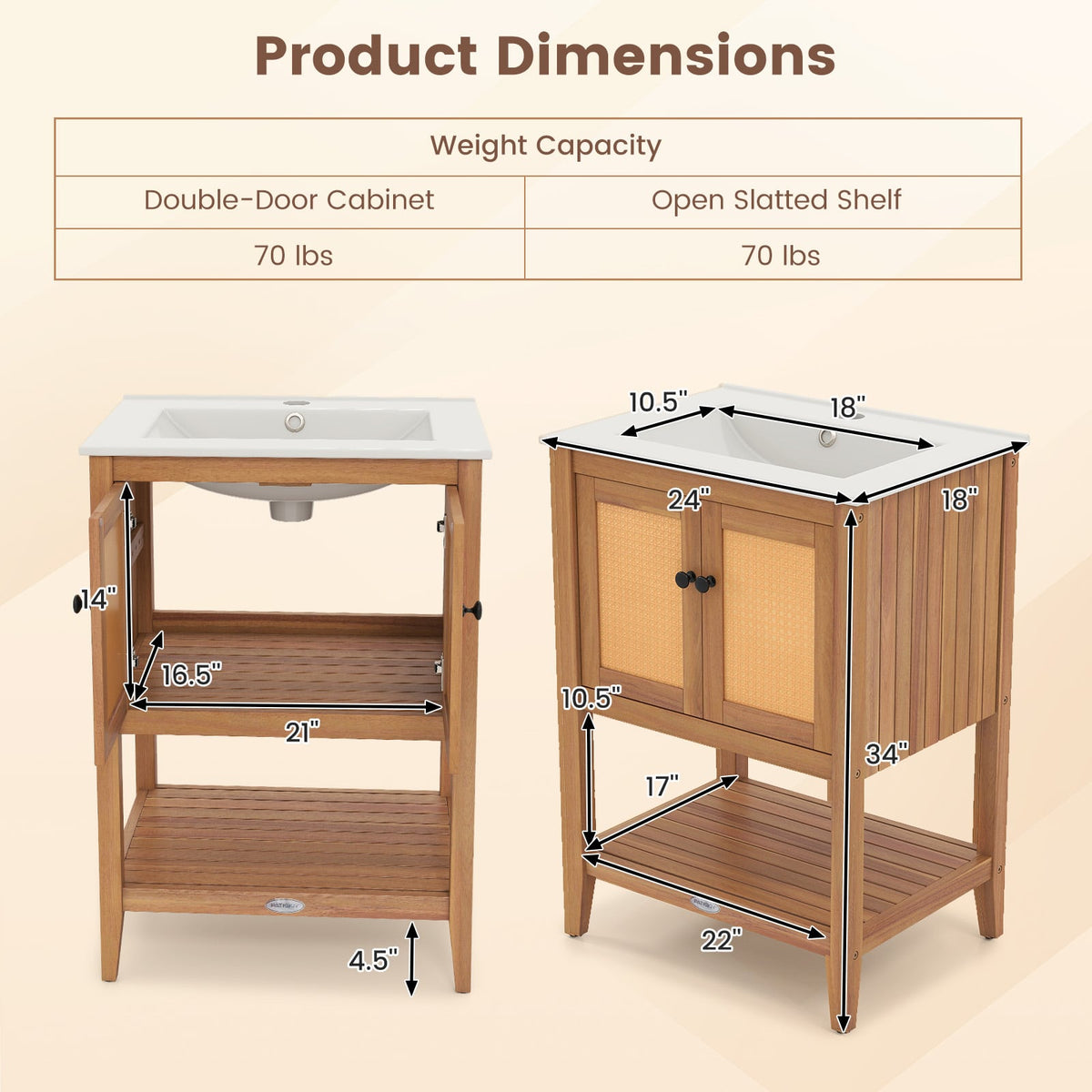 Acacia Wood Bathroom Vanity with Ceramic Sink & Rattan Doors-Floor Cabinets-DECOROLALA