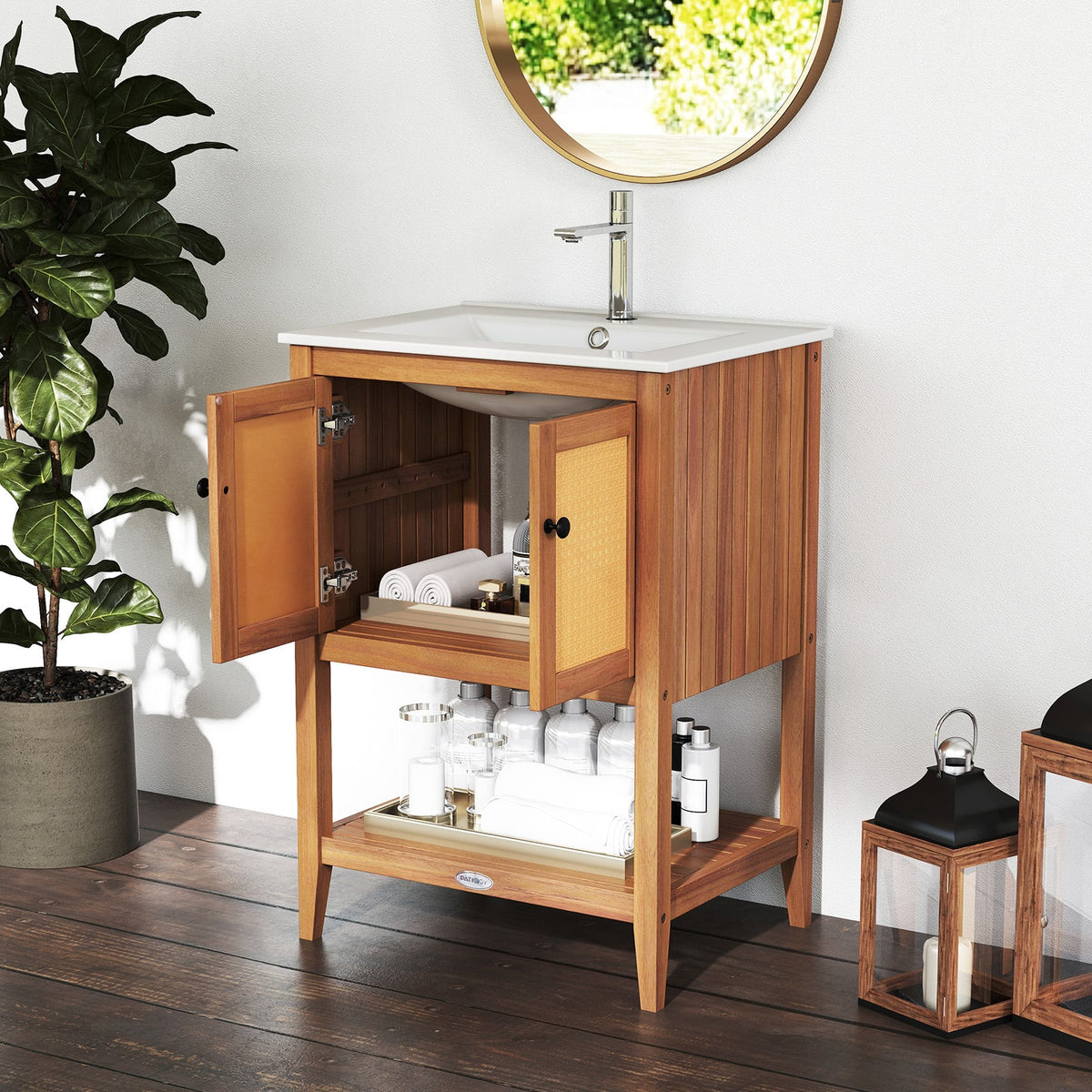 Acacia Wood Bathroom Vanity with Ceramic Sink & Rattan Doors-Floor Cabinets-DECOROLALA