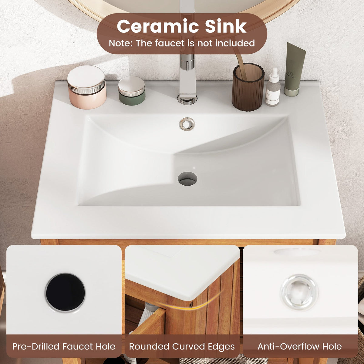 Acacia Wood Bathroom Vanity with Ceramic Sink & Rattan Doors-Floor Cabinets-DECOROLALA