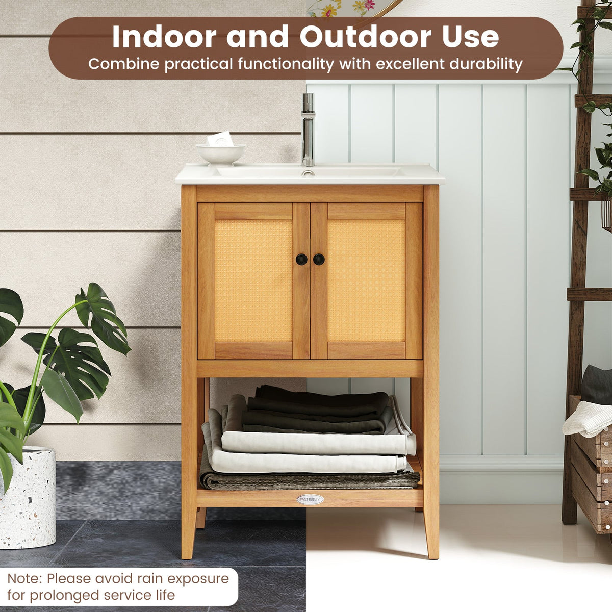 Acacia Wood Bathroom Vanity with Ceramic Sink & Rattan Doors-Floor Cabinets-DECOROLALA