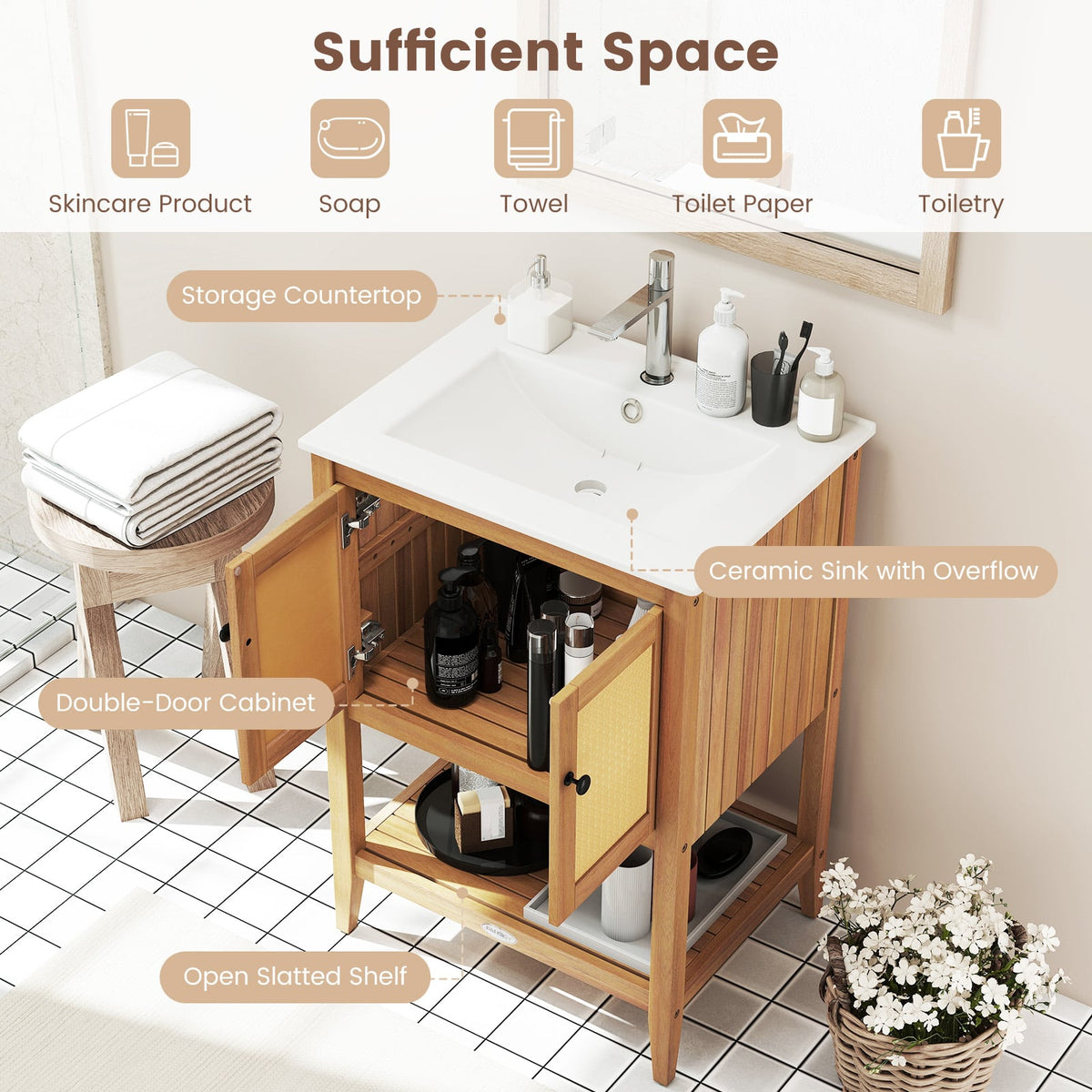 Acacia Wood Bathroom Vanity with Ceramic Sink & Rattan Doors-Floor Cabinets-DECOROLALA