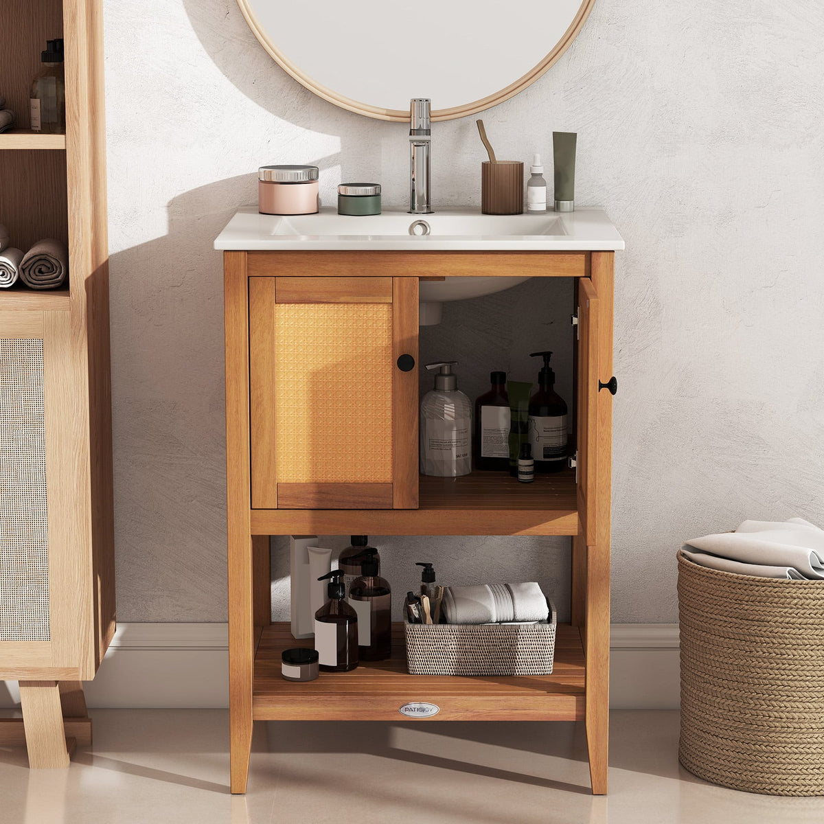 Acacia Wood Bathroom Vanity with Ceramic Sink & Rattan Doors-Floor Cabinets-DECOROLALA