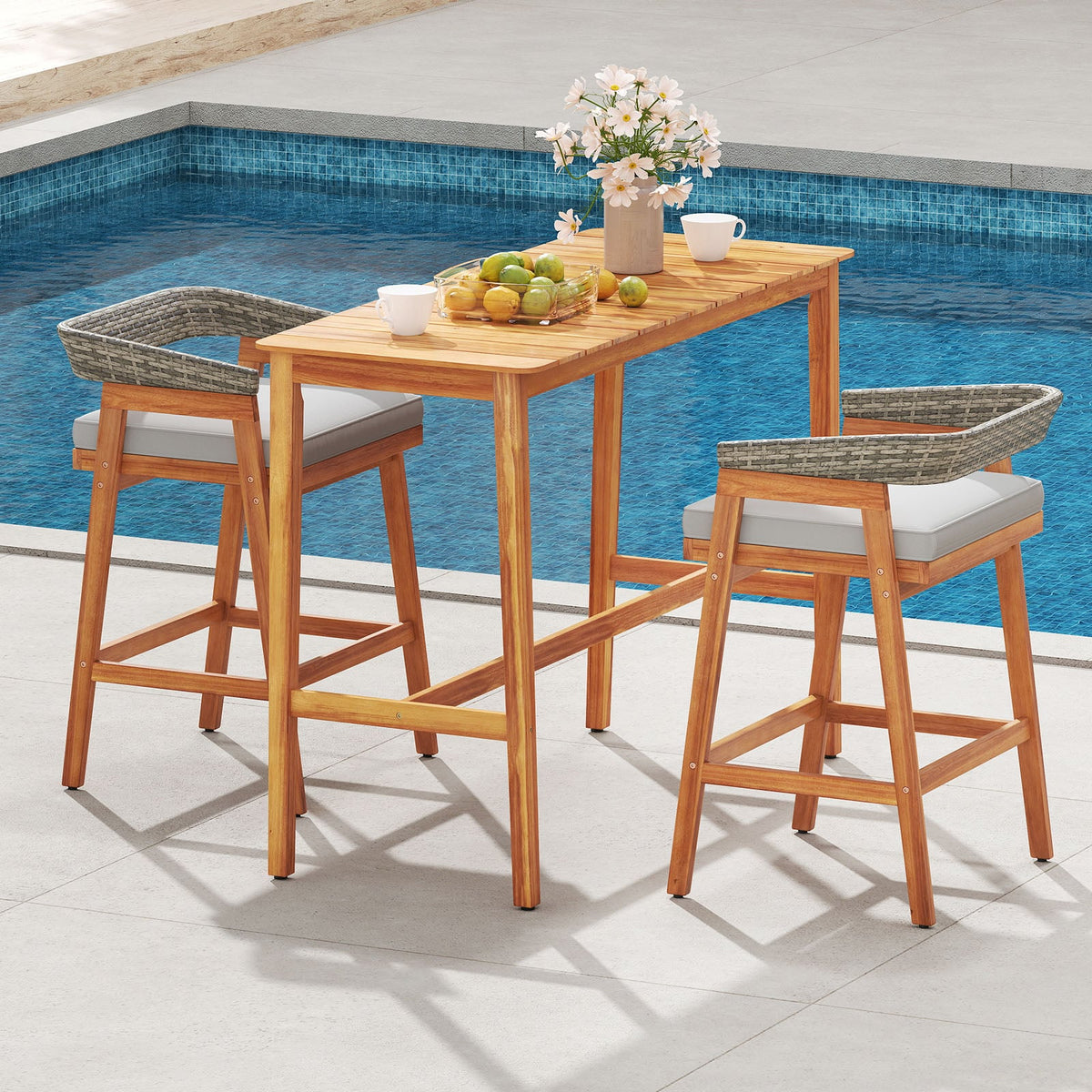 Acacia Wood Counter Height Table with Slatted Tabletop and Footrest Crossbar-Outdoor Bar Furniture-DECOROLALA