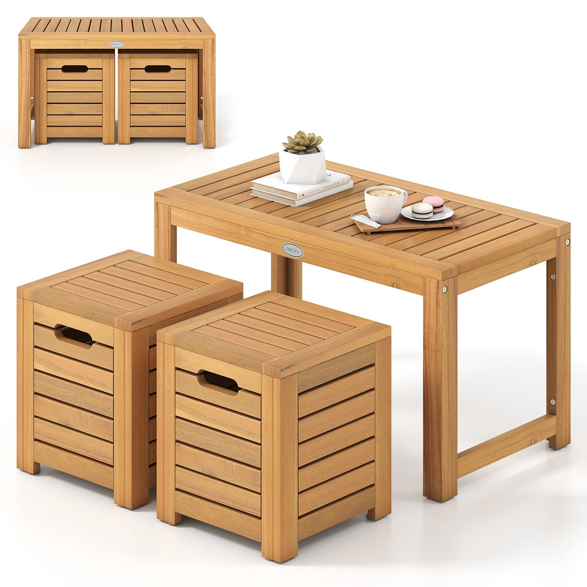 Acacia Wood Outdoor Coffee Table with Stools Set of 2 3 Pieces Patio Table and Stools Set-Patio Conversation Sets-DECOROLALA