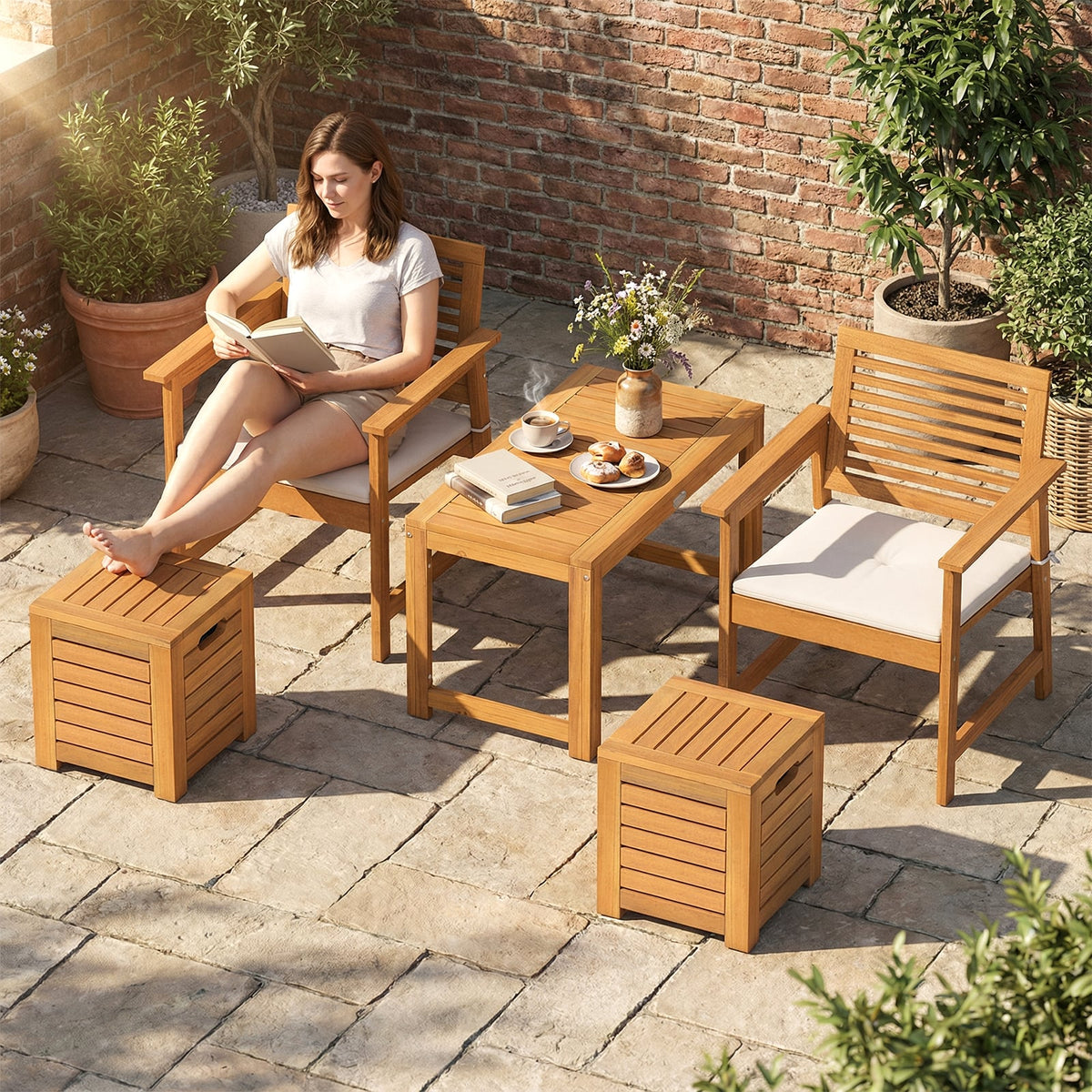 Acacia Wood Outdoor Coffee Table with Stools Set of 2 3 Pieces Patio Table and Stools Set-Patio Conversation Sets-DECOROLALA