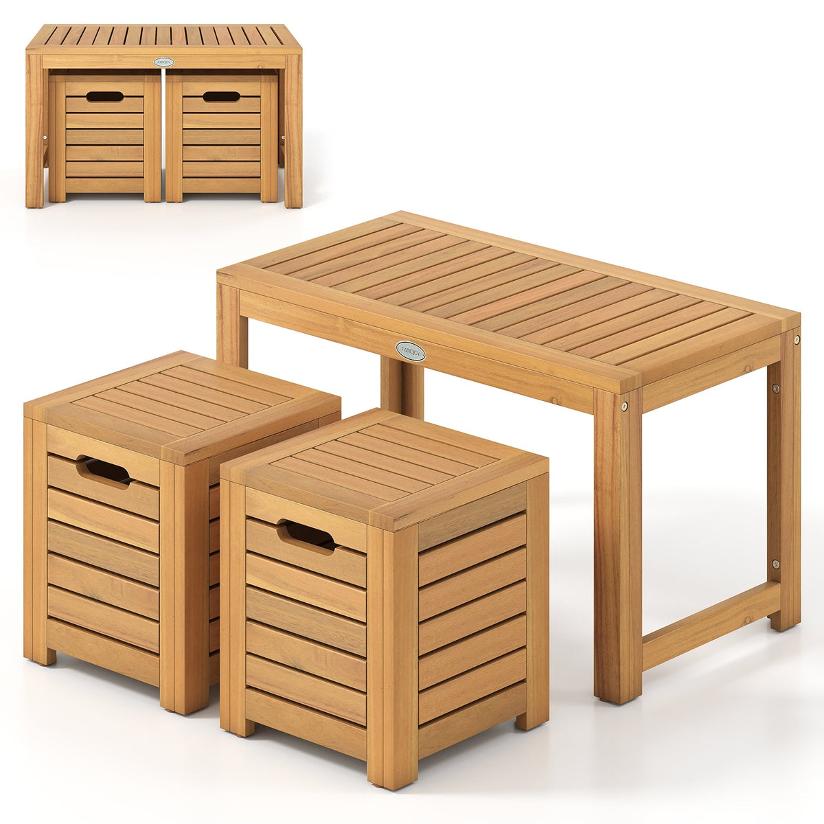 Acacia Wood Outdoor Coffee Table with Stools Set of 2 3 Pieces Patio Table and Stools Set-Patio Conversation Sets-DECOROLALA