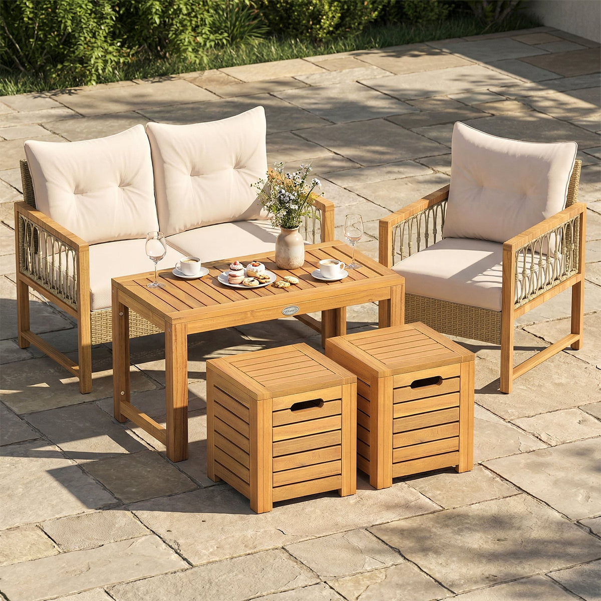Acacia Wood Outdoor Coffee Table with Stools Set of 2 3 Pieces Patio Table and Stools Set-Patio Conversation Sets-DECOROLALA