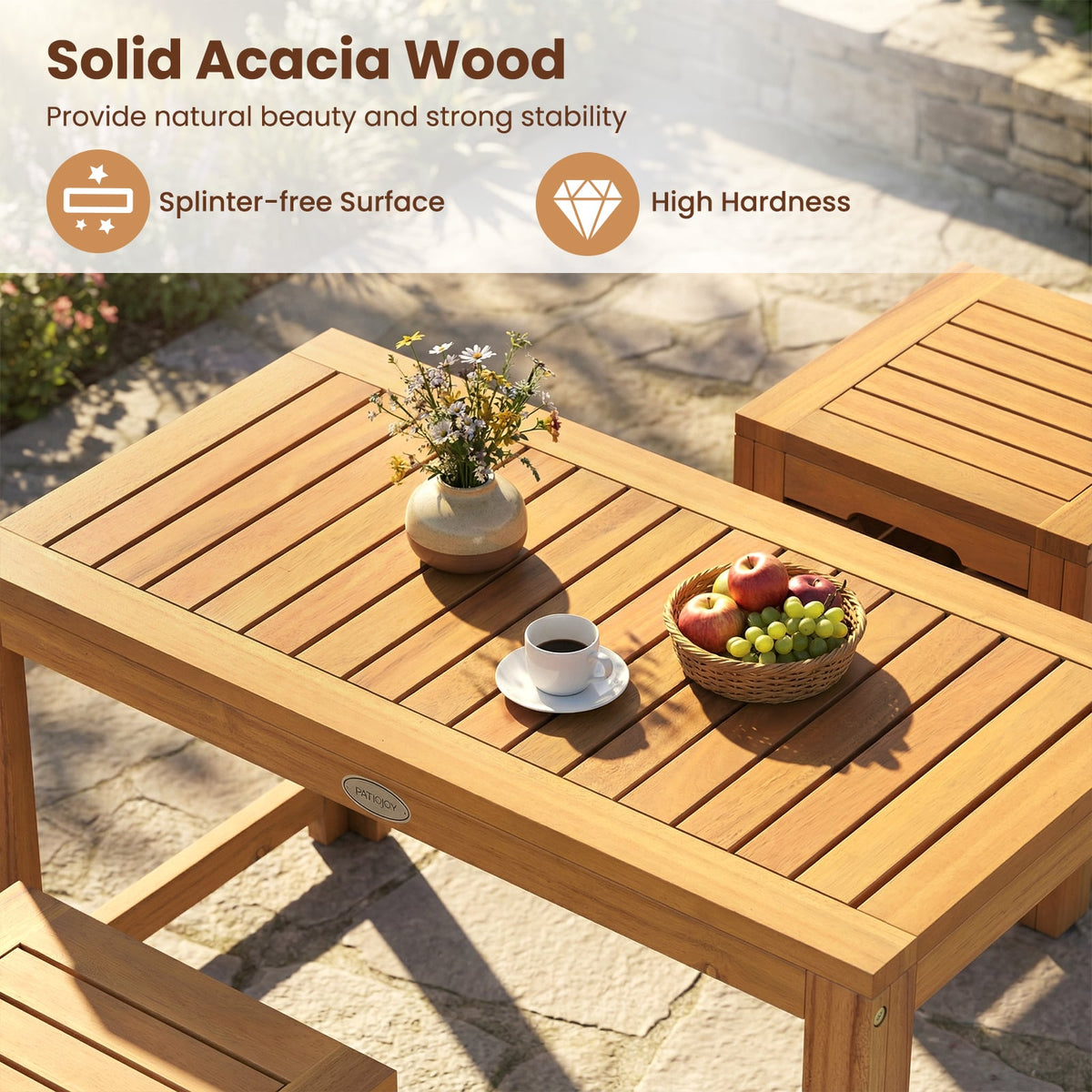 Acacia Wood Outdoor Coffee Table with Stools Set of 2 3 Pieces Patio Table and Stools Set-Patio Conversation Sets-DECOROLALA
