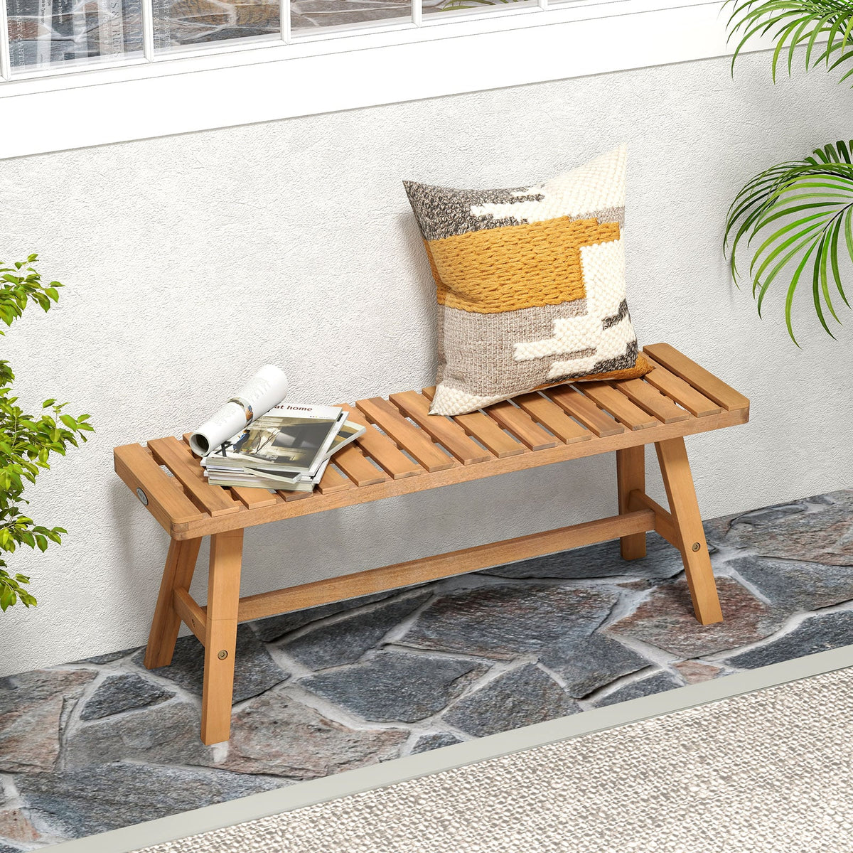 Acacia Wood Outdoor Garden Bench Set of 1/2 with Slatted Seat and 800 lbs Capacity-Set of 1-Outdoor Benches-DECOROLALA