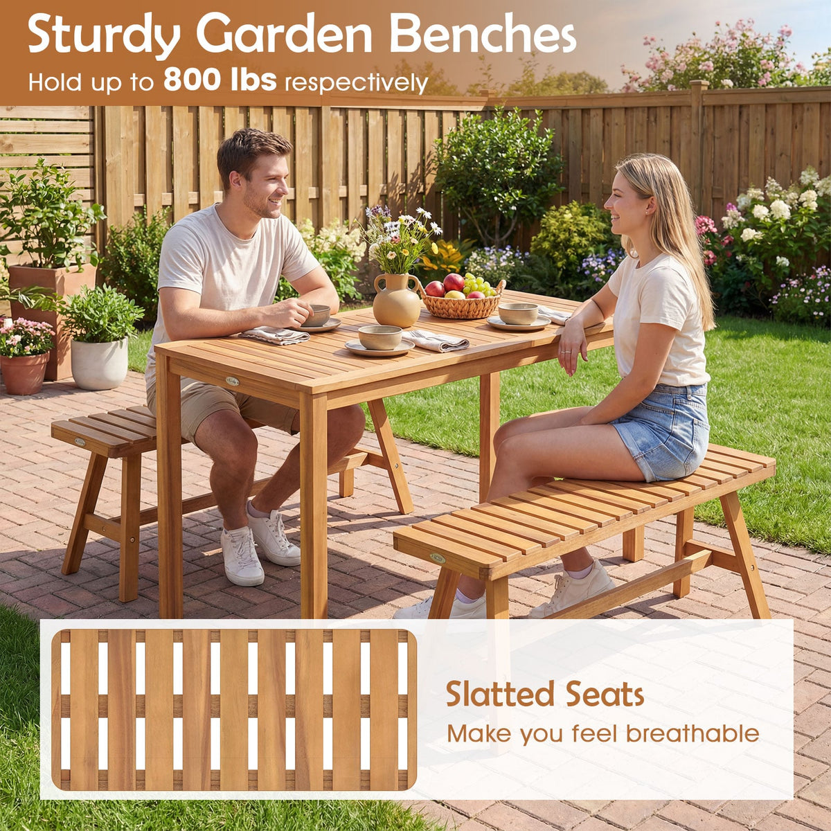 Acacia Wood Outdoor Garden Bench Set of 1/2 with Slatted Seat and 800 lbs Capacity-Set of 1-Outdoor Benches-DECOROLALA