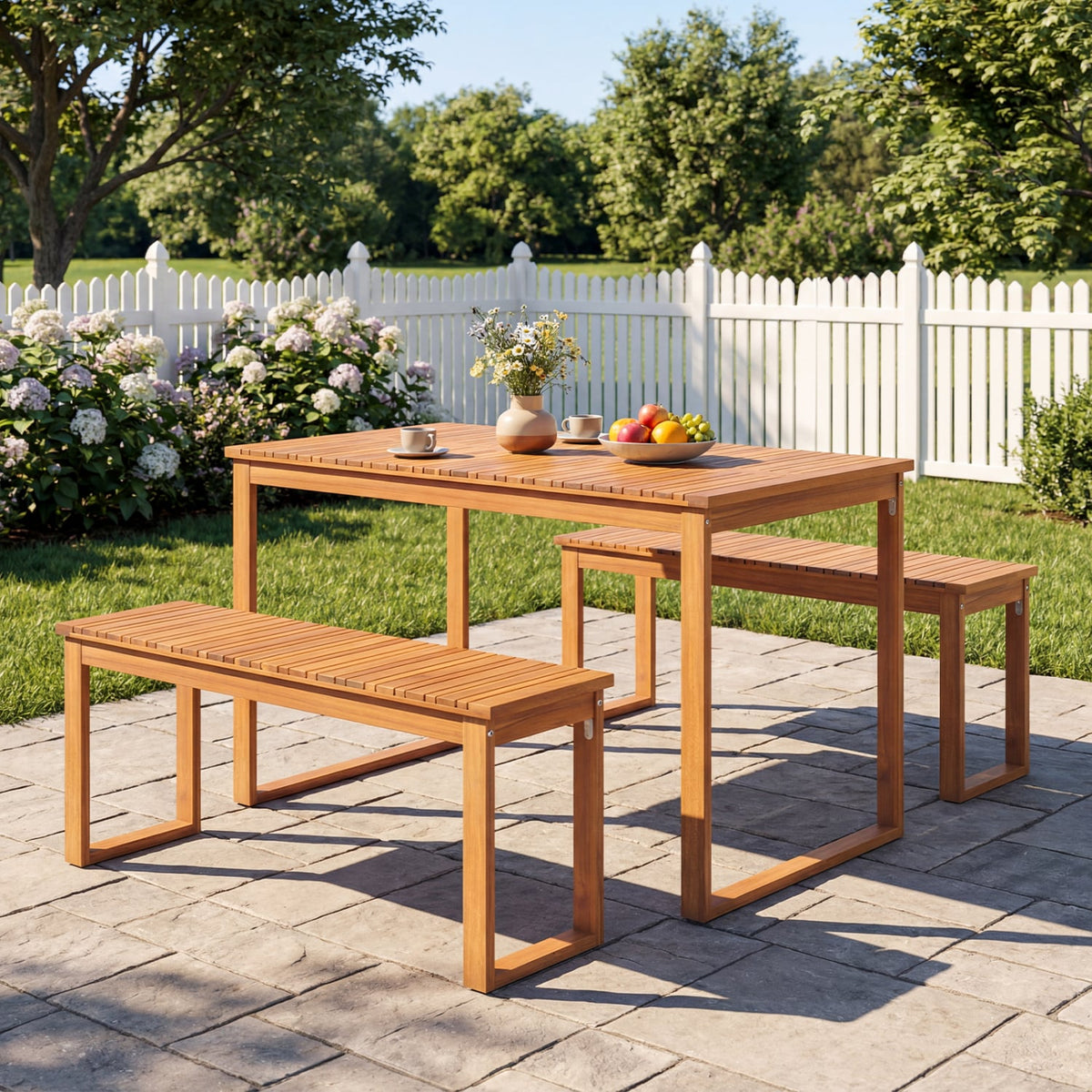 Acacia Wood Outdoor Garden Bench Set of 1/2 with Slatted Seat for Front Porch-Set of 2-Outdoor Benches-DECOROLALA