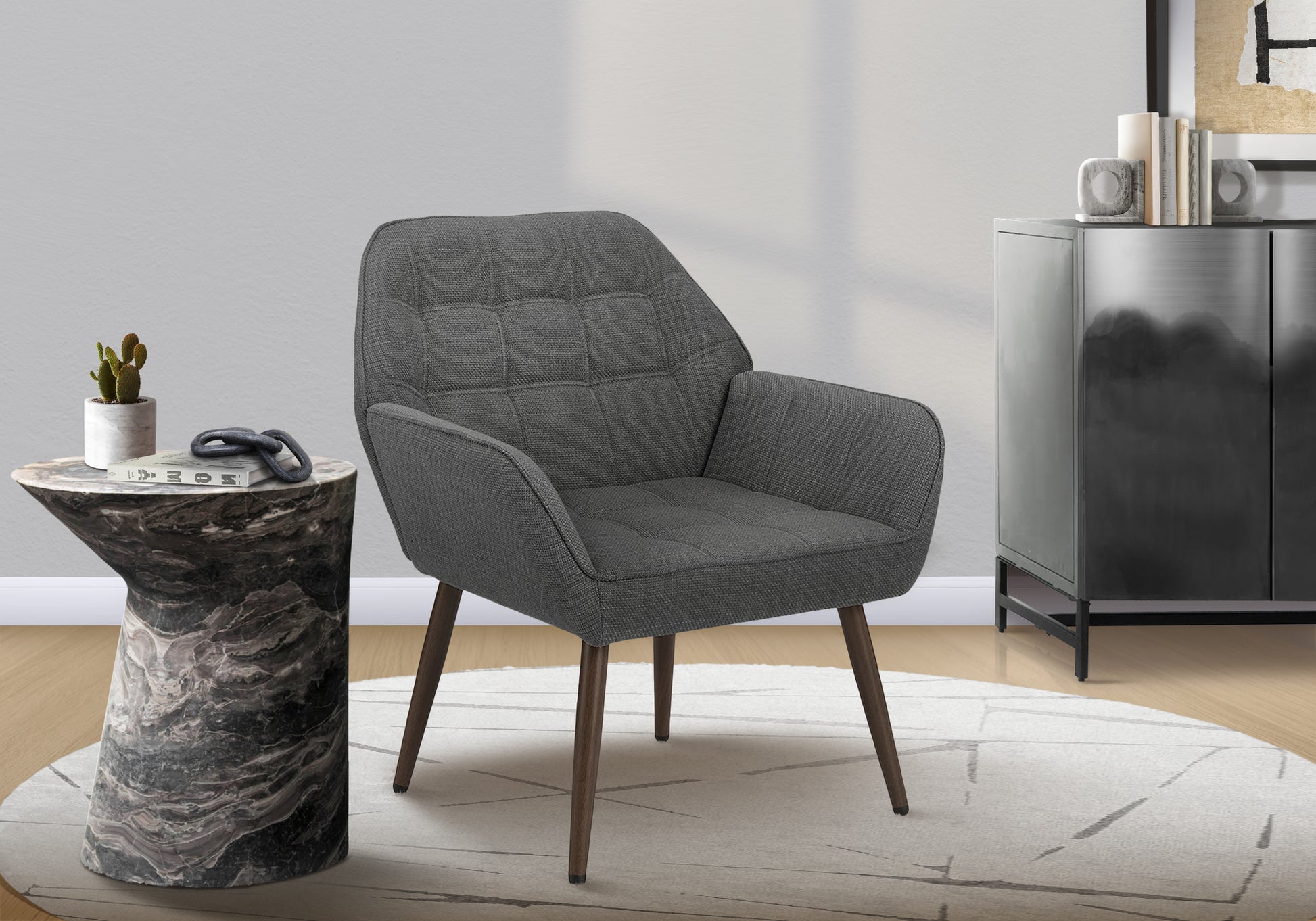 Accent Chair, 29"H, Upholstered, Living Room, Light Grey Fabric, Walnut Metal Legs, Contemporary, Modern-DECOROLALA
