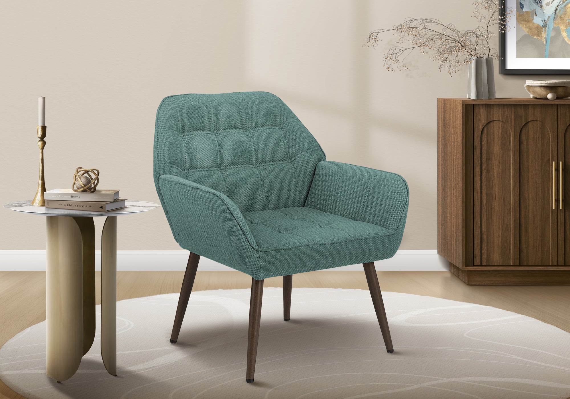 Accent Chair, 29"H, Upholstered, Living Room, Turquoise Fabric, Walnut Metal Legs, Contemporary, Modern-DECOROLALA