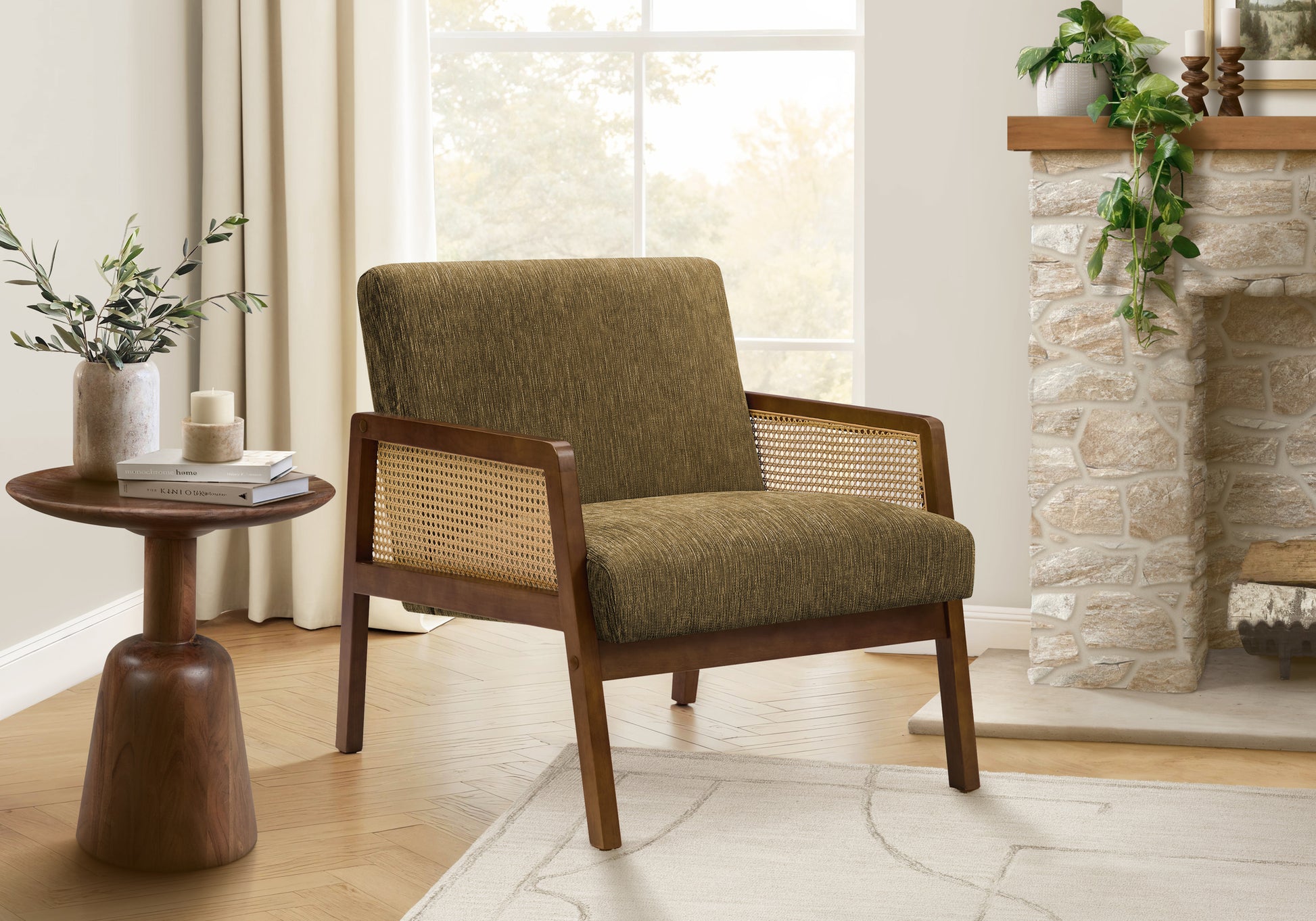 Accent Chair 30"H Brown Fabric Brown Walnut Wood-DECOROLALA